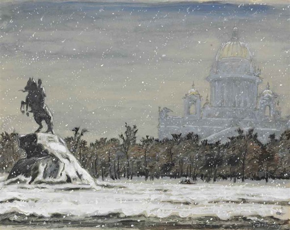 Mstislav Dobuzhinsky, Winter View of the Bronze Horseman with St. Isaac's Cathedral in the Background. Image courtesy of Artnet